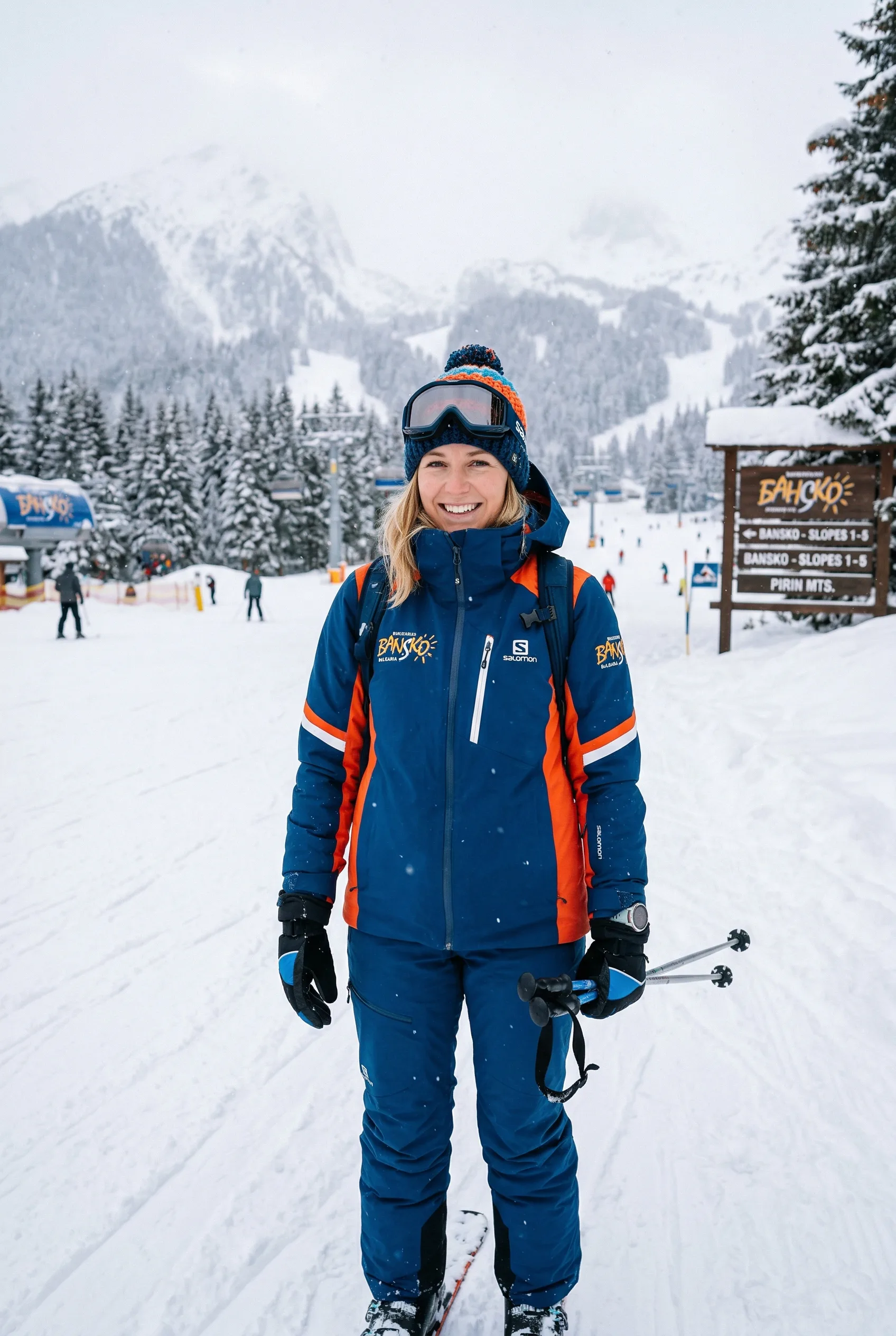 Woman in ski jacket enjoying Bansko ski resort in Bulgaria.